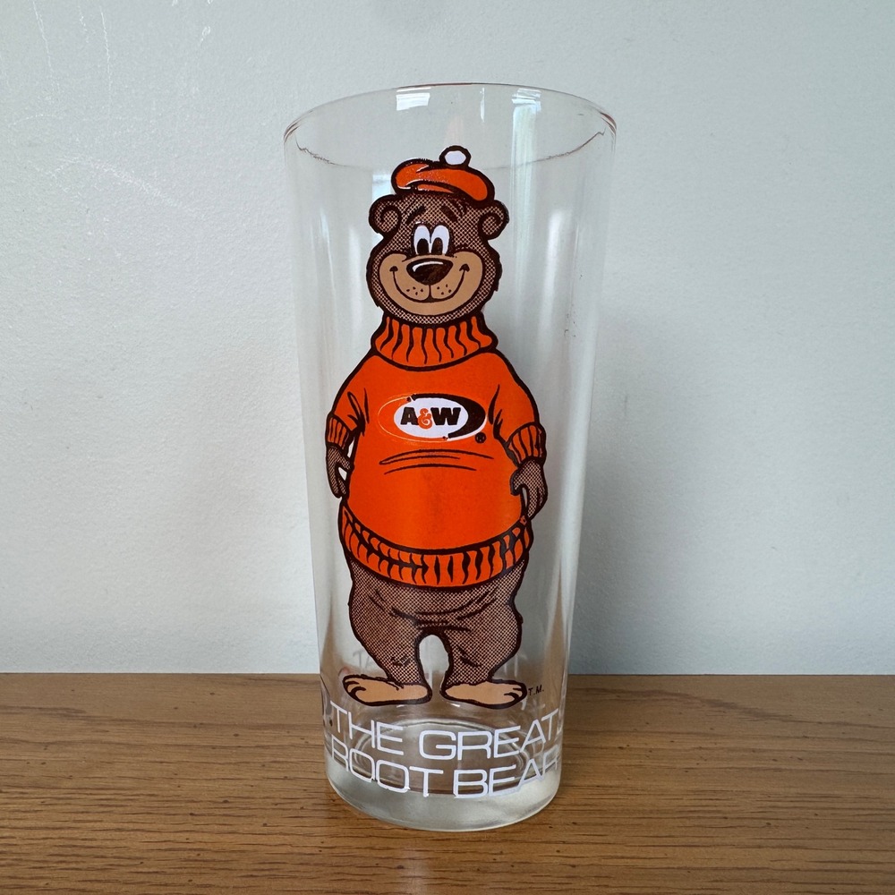 Vintage A&W The Great‎ Root Bear Glass Mascot Orange Sweater Soda Advertising